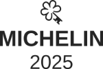 The image shows the MICHELIN 2025 logo, featuring the Michelin name and year on a dark background. logo on footer section.