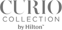 The image displays the logo for "Curio Collection by Hilton," featuring stylized text in a classic font.