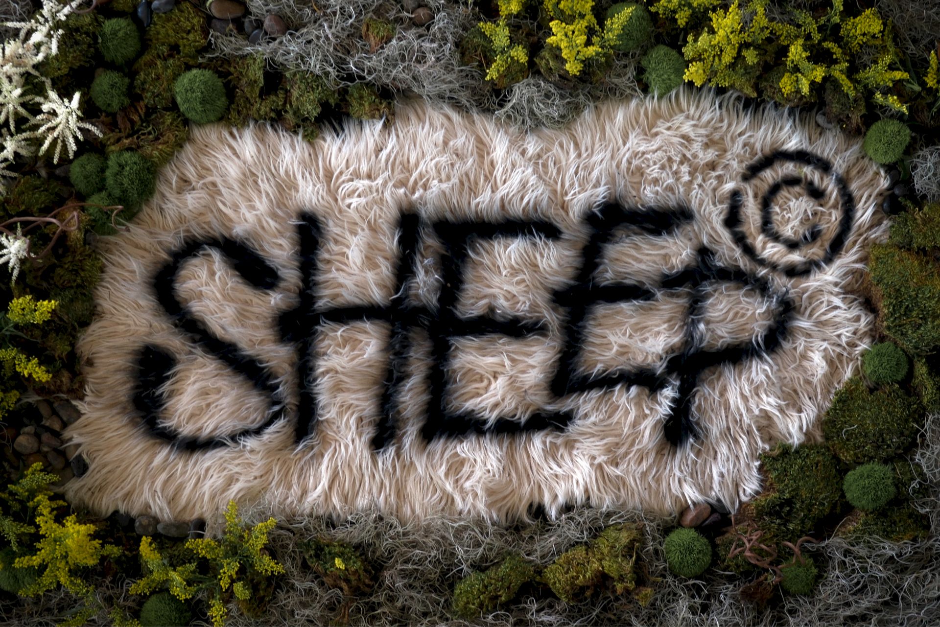 Aerial view of the SHEEP restaurant logo displayed on sheepskin with surrounding greenery at Clayton Hotel & Members Club in Cherry Creek, Denver.