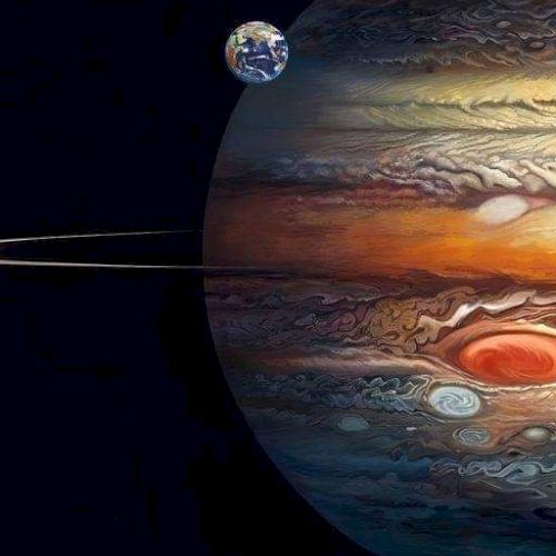 The image shows an illustration of Jupiter with its Great Red Spot and Earth in the background.