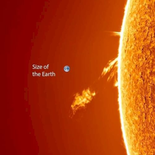 The image shows a comparison of the Sun and Earth, displaying Earth as a small icon next to the massive Sun's surface.
