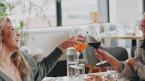 Two people clink glasses over drinks in a caf&eacute;, laughing as they toast together.