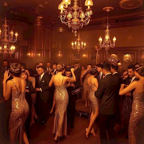 People in formal gowns and suits mingle at a glamorous ballroom, lit by warm chandeliers and decorative lighting.