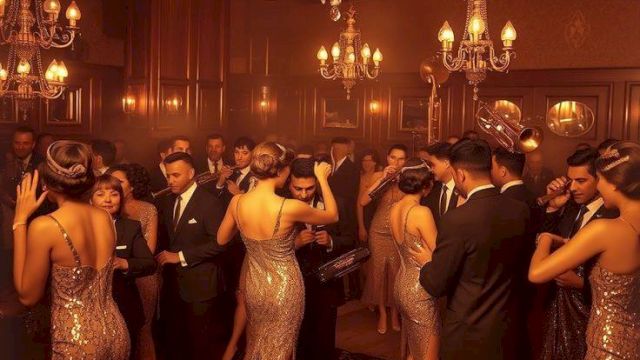 People in formal gowns and suits mingle at a glamorous ballroom, lit by warm chandeliers and decorative lighting.