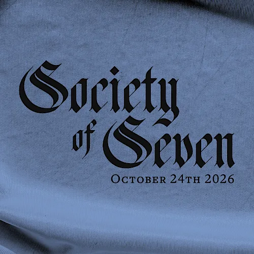 A blue draped banner reading &ldquo;Society of Seven,&rdquo; dated October 24th, 2026, with a dark crest at bottom right.