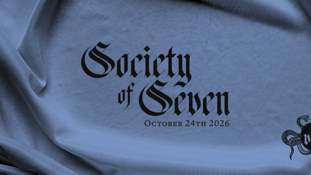 A blue draped banner reading &ldquo;Society of Seven,&rdquo; dated October 24th, 2026, with a dark crest at bottom right.
