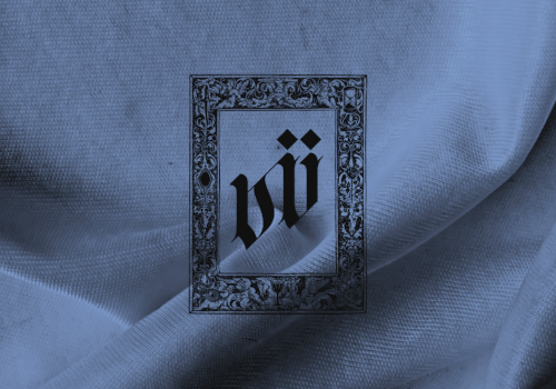 A blue draped fabric background with a centered black gothic emblem in an ornate frame.