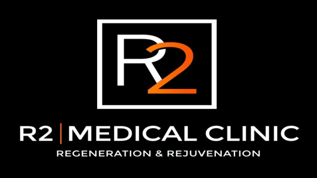 R2 Medical Clinic logo with an &ldquo;R2&rdquo; emblem and tagline &ldquo;Regeneration & Rejuvenation&rdquo; on a black background.