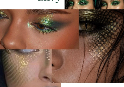 A collage of glamorous close-up faces with glittery green eyeshadow and scaled, reptile-like skin textures on the cheeks and chin.