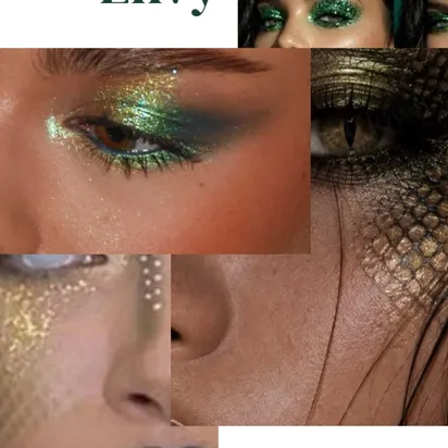 A collage of glamorous close-up faces with glittery green eyeshadow and scaled, reptile-like skin textures on the cheeks and chin.