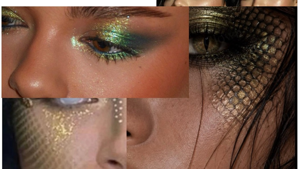 A collage of glamorous close-up faces with glittery green eyeshadow and scaled, reptile-like skin textures on the cheeks and chin.