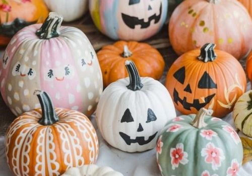 A colorful assortment of Halloween pumpkins&mdash;orange, white, and pink&mdash;stacked together with carved faces and festive patterns.