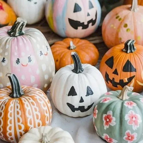 A colorful assortment of Halloween pumpkins&mdash;orange, white, and pink&mdash;stacked together with carved faces and festive patterns.