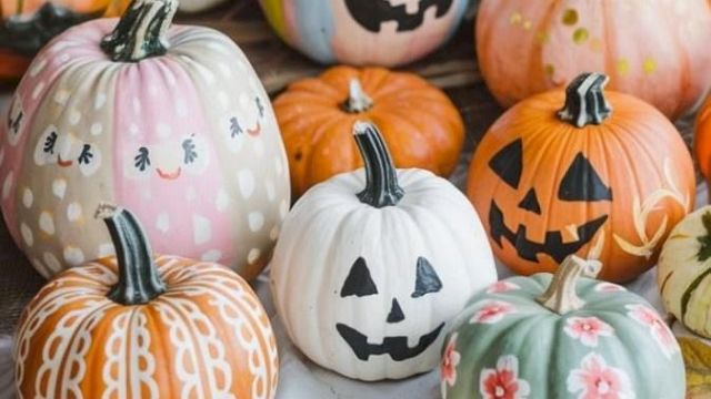 A colorful assortment of Halloween pumpkins&mdash;orange, white, and pink&mdash;stacked together with carved faces and festive patterns.