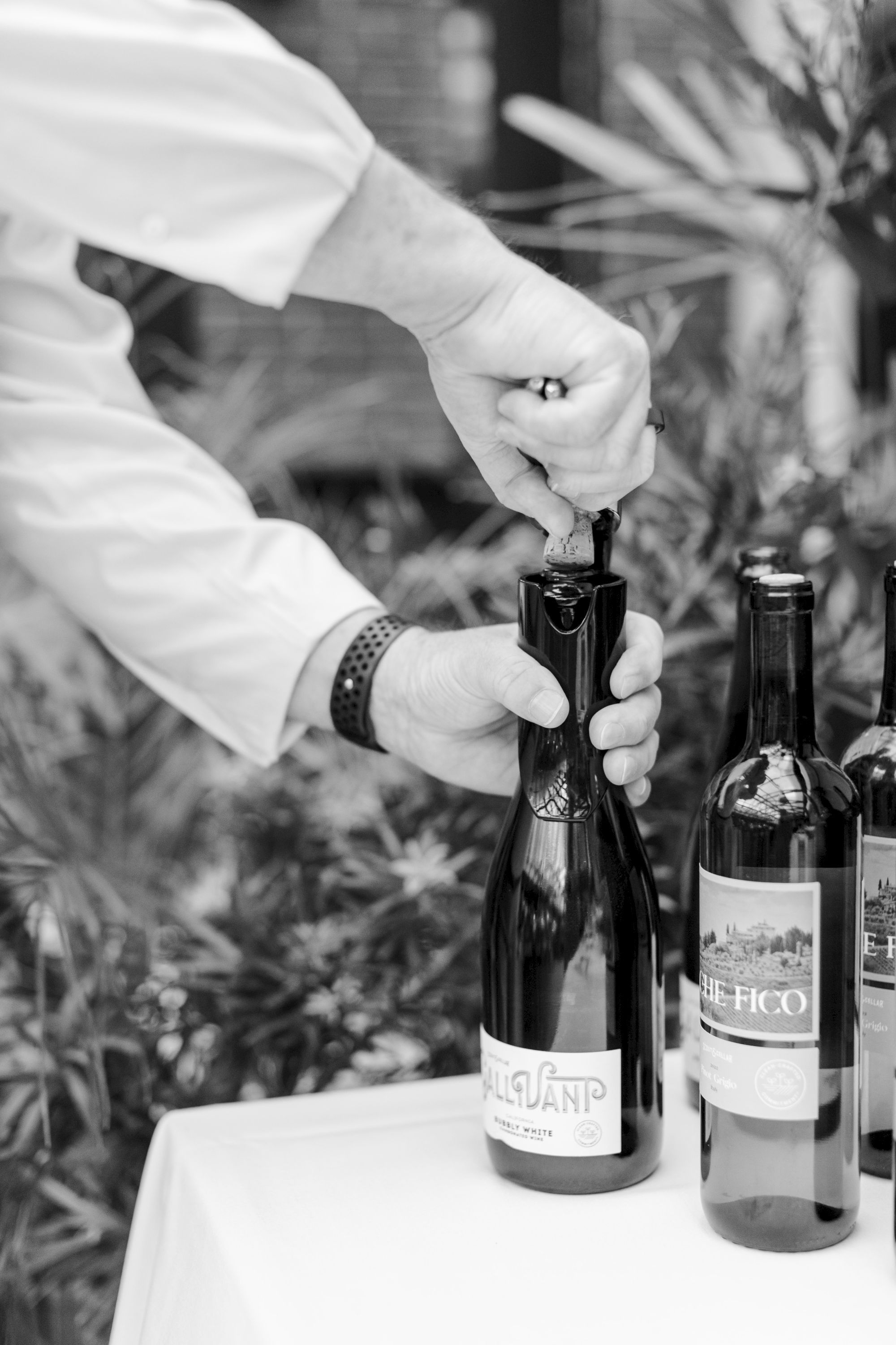 A person opening a bottle of wine at a table with two other wine bottles in view; a casual outdoor setting, black-and-white.