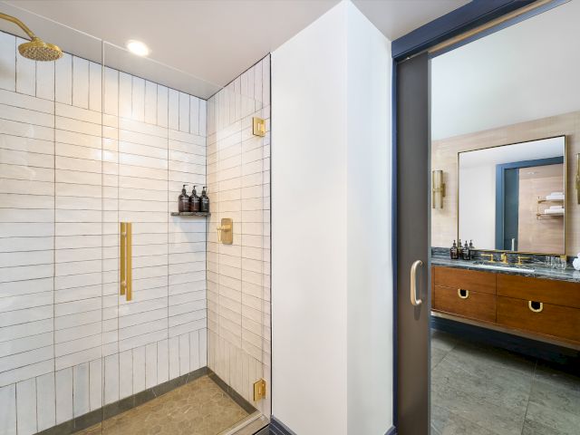 The image shows a modern bathroom with a walk-in shower, glass door, and a vanity area with a large mirror and two sinks.