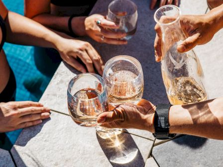 People by a poolside sharing drinks, holding glasses, and enjoying a sunny day together.