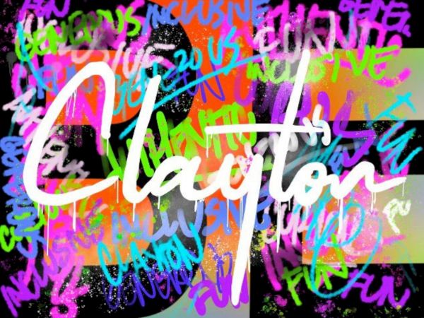 The image features the word "Clayton" in large white script, over a colorful graffiti-style background with various overlapping words and colors.