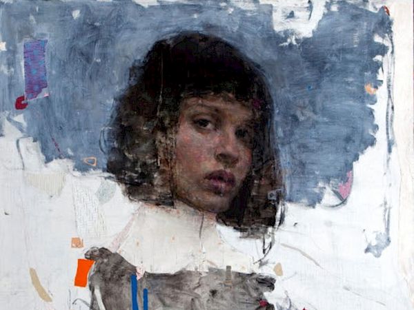 The image is an abstract portrait of a person with expressive brushstrokes, combining figurative and abstract elements in muted colors.