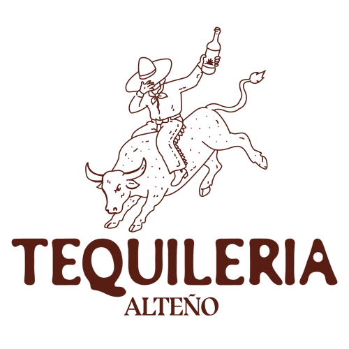 A stylized bull with a cowboy holding a bottle, surrounded by the words &ldquo;TEQUILERA&rdquo; and &ldquo;ALTENO&rdquo;, in red-brown line art.