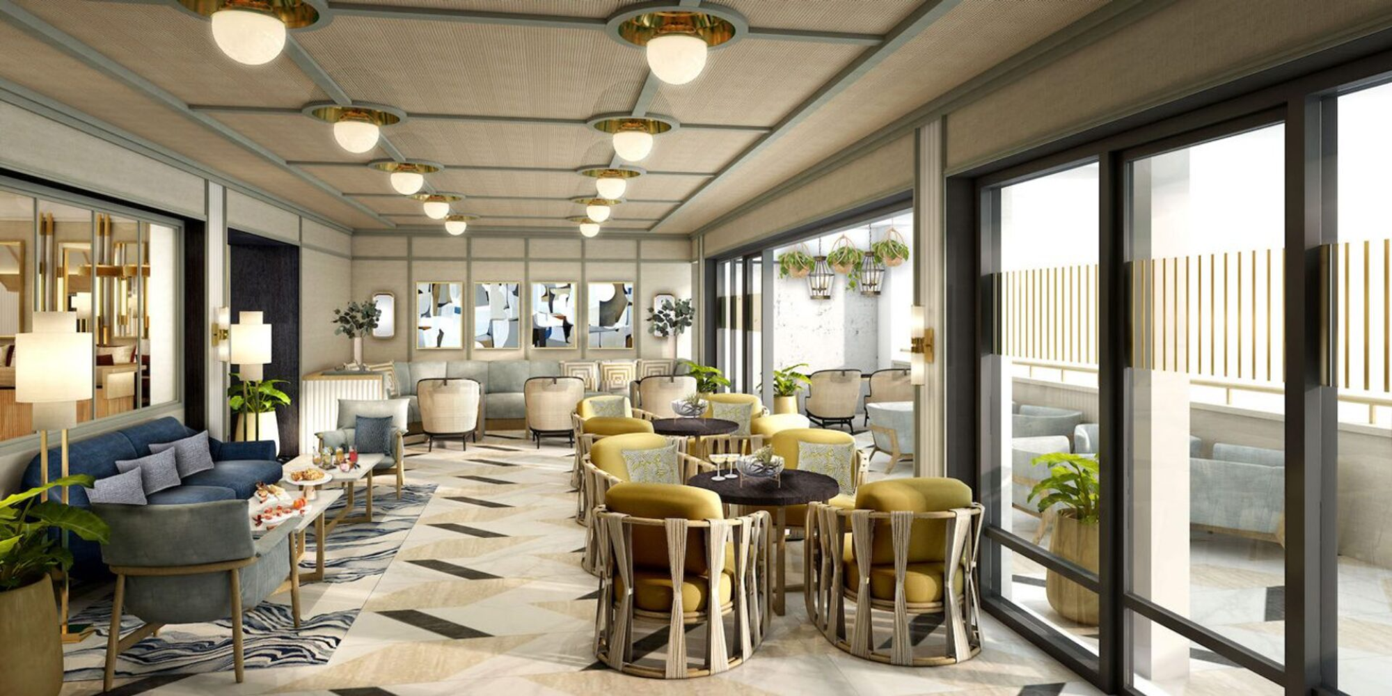 The image shows a modern, stylish indoor lounge area with seating, large windows, plants, and patterned flooring.