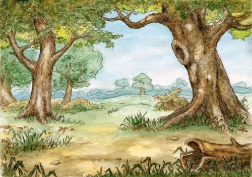 A colorful forest scene with large trees, green shrubs, and a fallen log in the foreground, suggesting a peaceful woodland clearing.