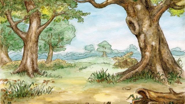 A colorful forest scene with large trees, green shrubs, and a fallen log in the foreground, suggesting a peaceful woodland clearing.