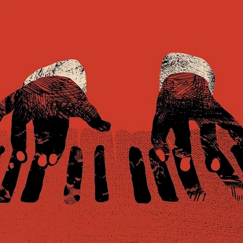 Two hands reach down toward a group of disembodied fingers on a red background, creating a surreal, eerie scene.