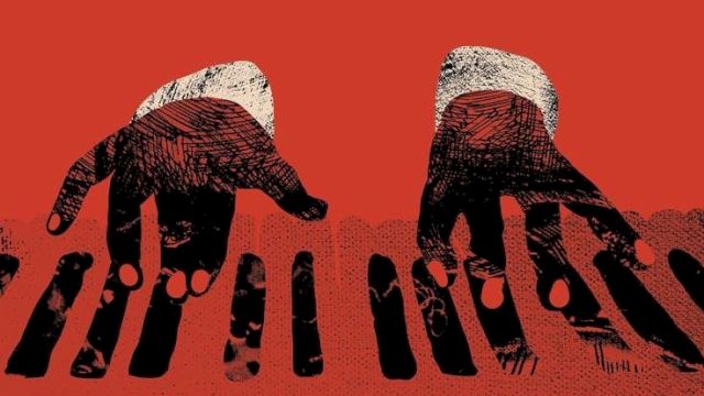 Two hands reach down toward a group of disembodied fingers on a red background, creating a surreal, eerie scene.