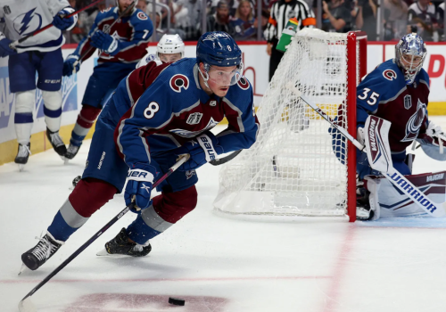 Two hockey players chase the puck near the goal, with a goalie guarding the net as spectators watch intently.