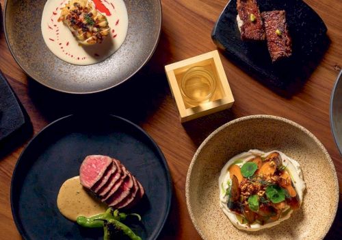 A stylish spread of plated dishes on dark plates, featuring sliced meat, a p&acirc;t&eacute; or crostini, a creamy risotto or sauce, and garnish, with a wooden surface backdrop.
