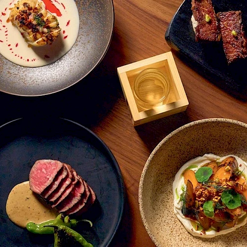 A stylish spread of plated dishes on dark plates, featuring sliced meat, a p&acirc;t&eacute; or crostini, a creamy risotto or sauce, and garnish, with a wooden surface backdrop.