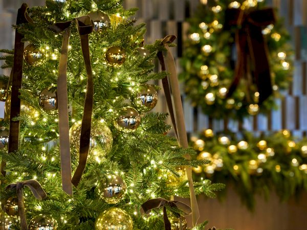 A festively lit Christmas tree with glass ornaments and ribbons, plus a wreath and candles in the background, creating a warm holiday scene.